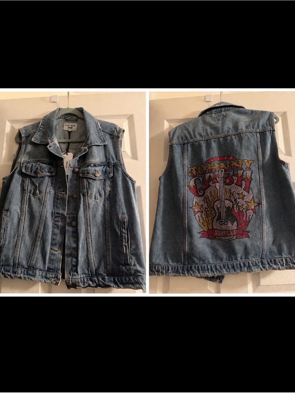 Velvet Heart Light Blue Denim Vest Johnny Cash Rhinestone Size S oversized